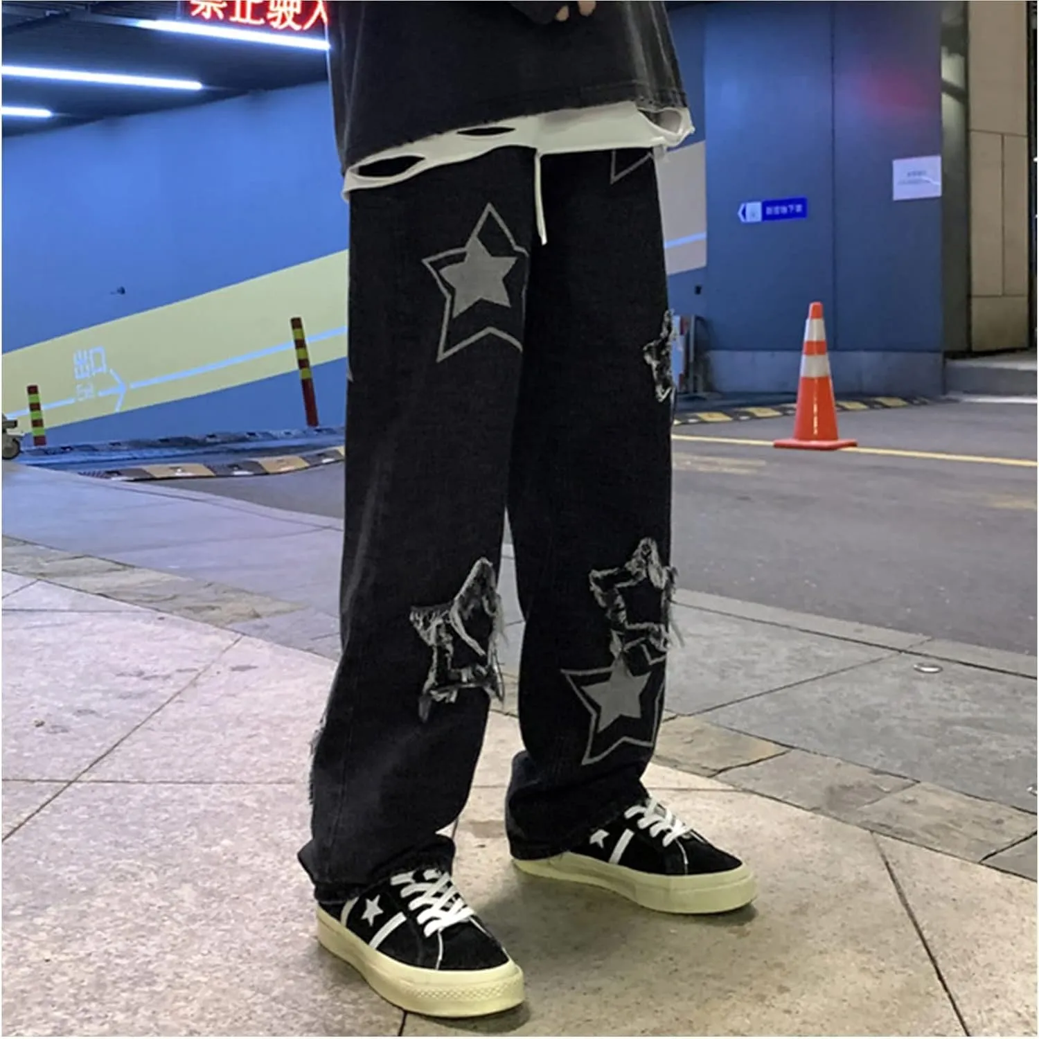 MAEHARRT Y2K Baggy Jeans for Men Star Graphic Hip Hop Pants Loose Fit Denim Pants Casual Streetwear