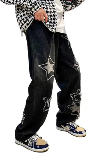 MAEHARRT Y2K Baggy Jeans for Men Star Graphic Hip Hop Pants Loose Fit Denim Pants Casual Streetwear