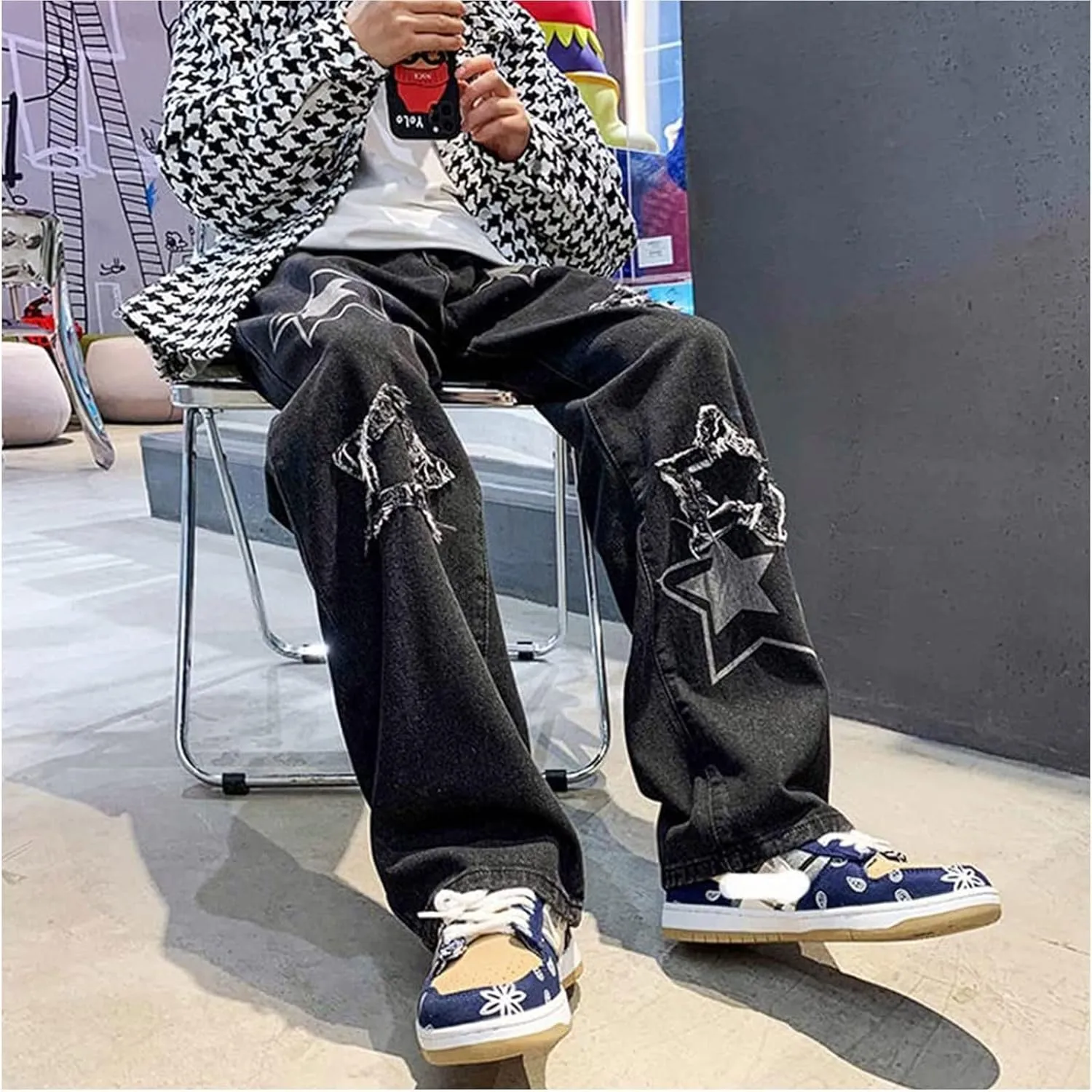 MAEHARRT Y2K Baggy Jeans for Men Star Graphic Hip Hop Pants Loose Fit Denim Pants Casual Streetwear