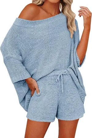 Mafulus Women's 2 Piece Outfits Sweater Sets Off Shoulder Knit Top Shorts Matching Suits Cute Pajama Lounge Set