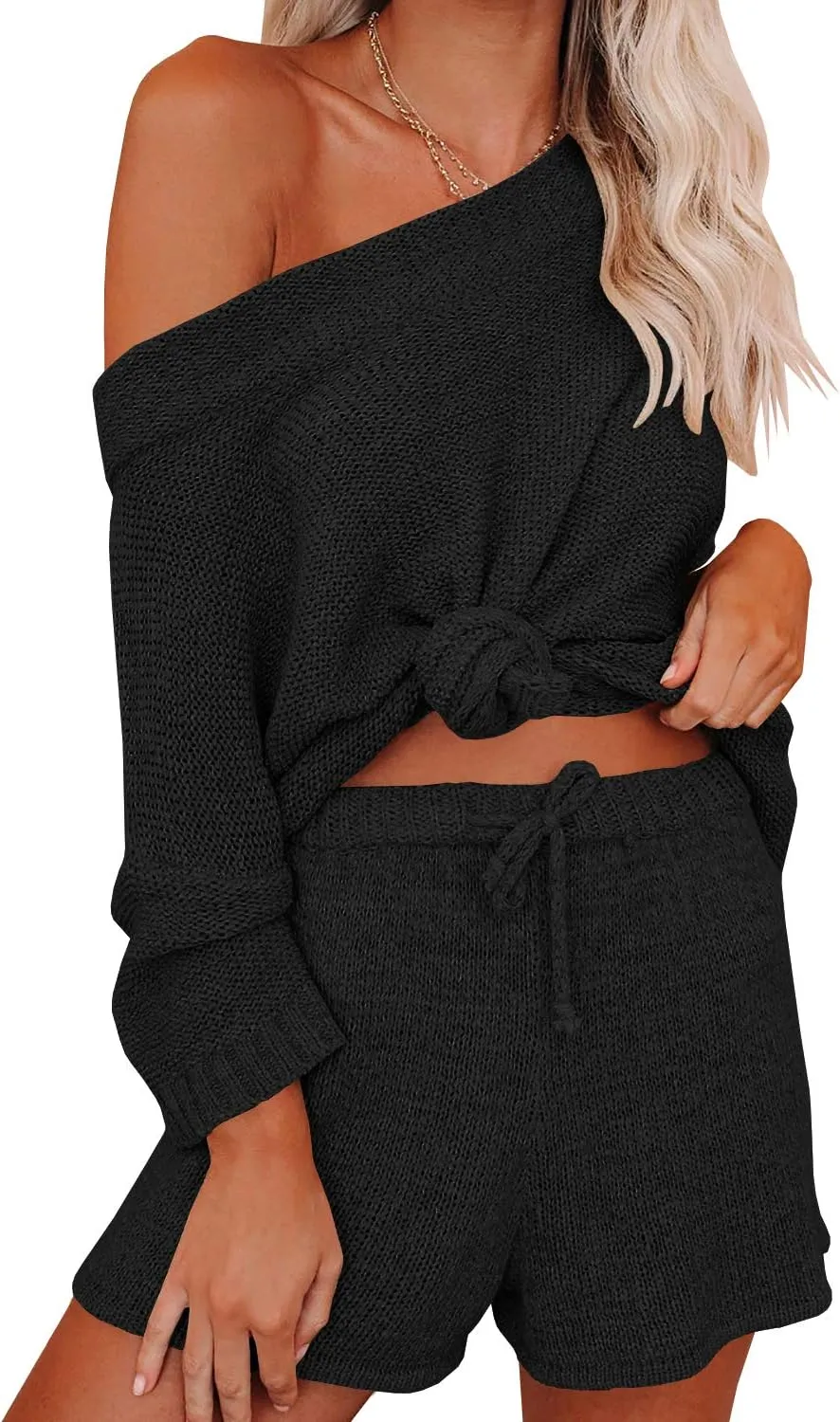 Mafulus Women's 2 Piece Outfits Sweater Sets Off Shoulder Knit Top Shorts Matching Suits Cute Pajama Lounge Set