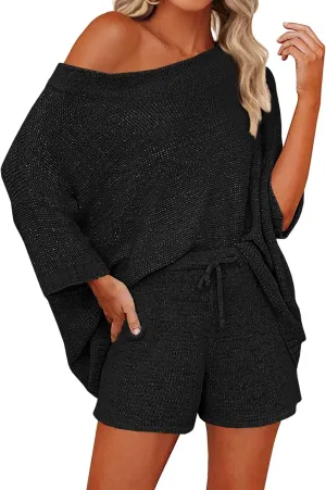 Mafulus Women's 2 Piece Outfits Sweater Sets Off Shoulder Knit Top Shorts Matching Suits Cute Pajama Lounge Set