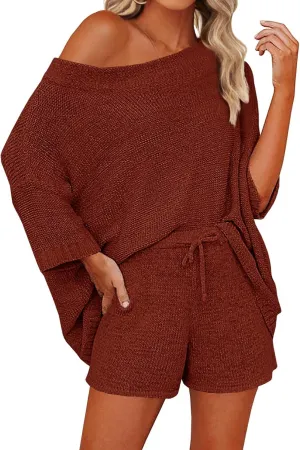 Mafulus Women's 2 Piece Outfits Sweater Sets Off Shoulder Knit Top Shorts Matching Suits Cute Pajama Lounge Set