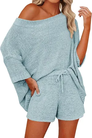 Mafulus Women's 2 Piece Outfits Sweater Sets Off Shoulder Knit Top Shorts Matching Suits Cute Pajama Lounge Set
