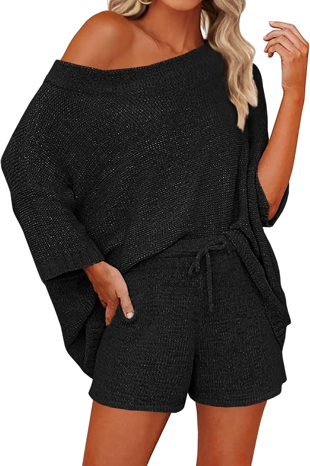 Mafulus Women's 2 Piece Outfits Sweater Sets Off Shoulder Knit Top Shorts Matching Suits Cute Pajama Lounge Set