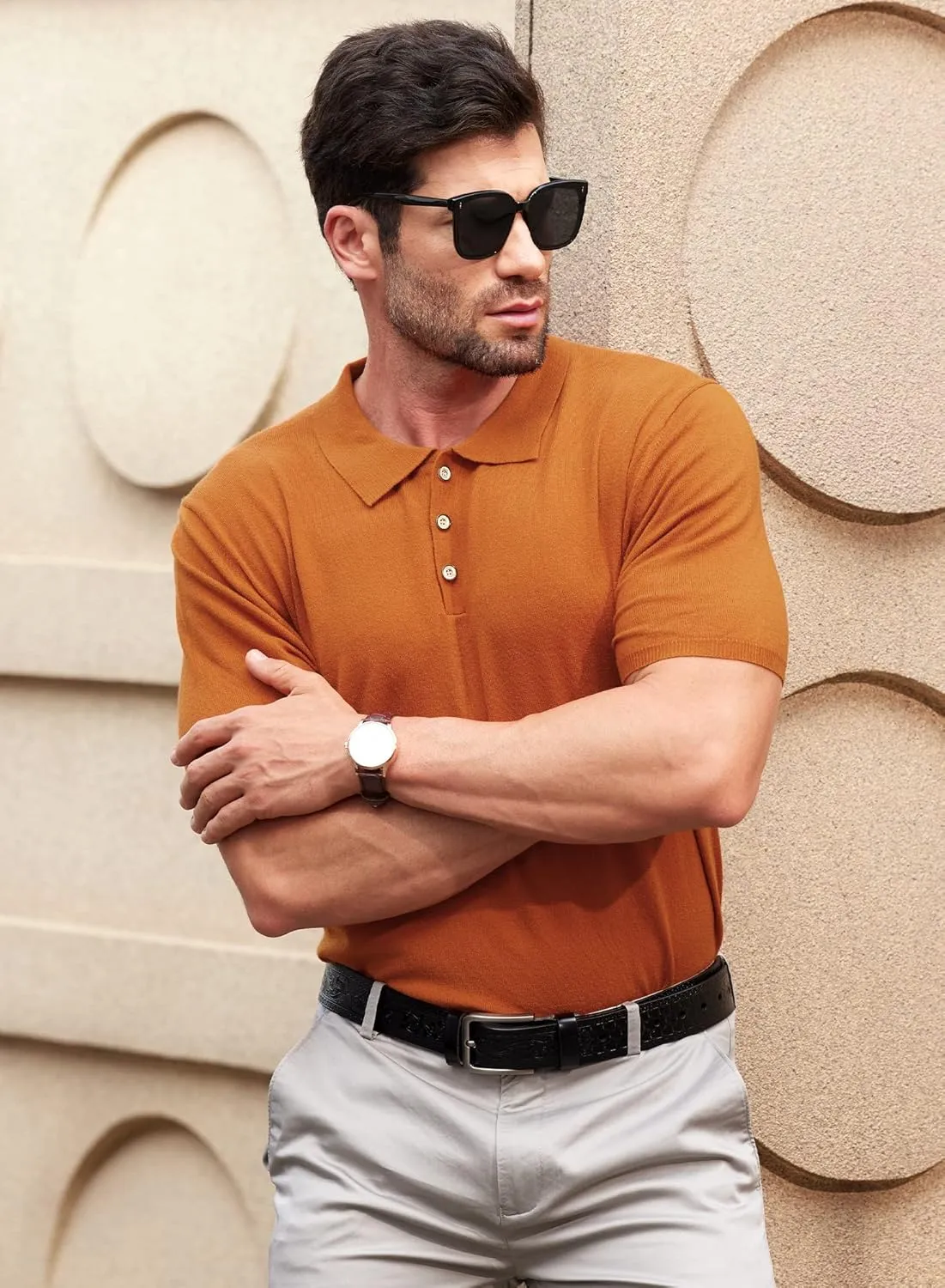 Mainfini Men’s Knit Button Polo Shirts Vintage 70s Golf Shirt Casual Beach Vacation Outfit