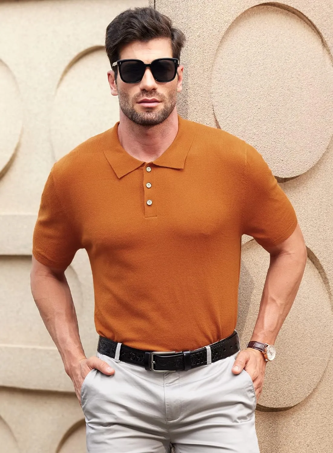 Mainfini Men’s Knit Button Polo Shirts Vintage 70s Golf Shirt Casual Beach Vacation Outfit