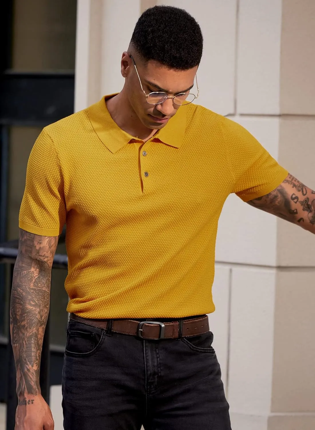 Mainfini Men’s Knit Button Polo Shirts Vintage 70s Golf Shirt Casual Beach Vacation Outfit