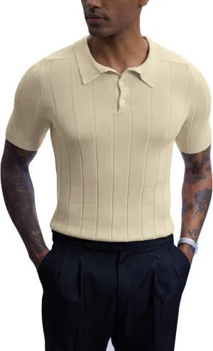 Mainfini Men’s Knit Button Polo Shirts Vintage 70s Golf Shirt Casual Beach Vacation Outfit