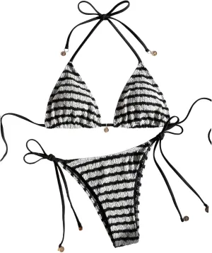 MakeMeChic Women's Halter Triangle Thong Bikini Sets High Cut Swimsuit Bathing Suit Swimwear