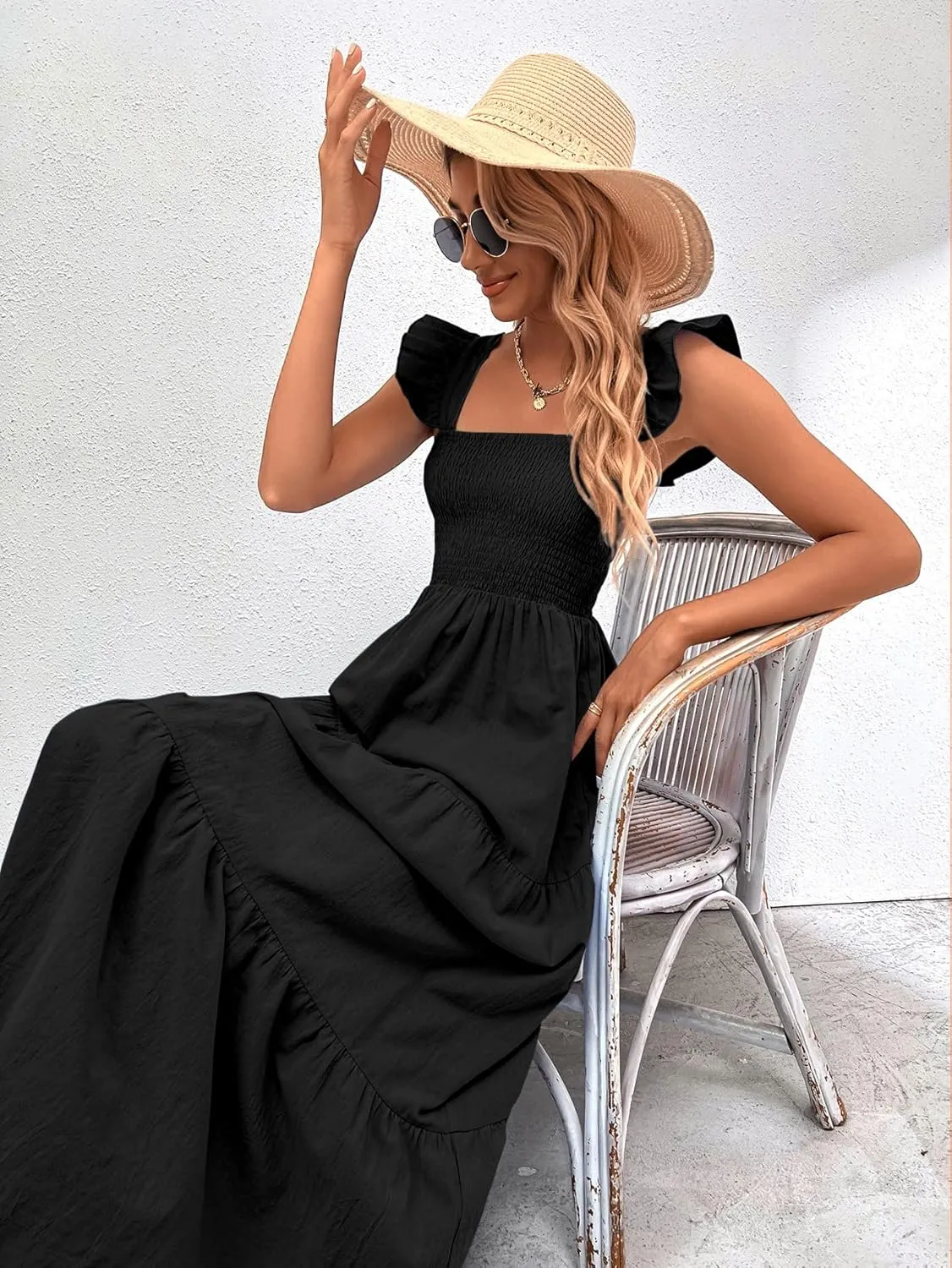 MakeMeChic Women's Summer Floral Dresses 2025 Beach Vacation Casual Blue and White Long Maxi Sundresses