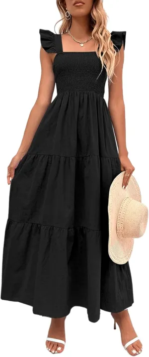 MakeMeChic Women's Summer Floral Dresses 2025 Beach Vacation Casual Blue and White Long Maxi Sundresses