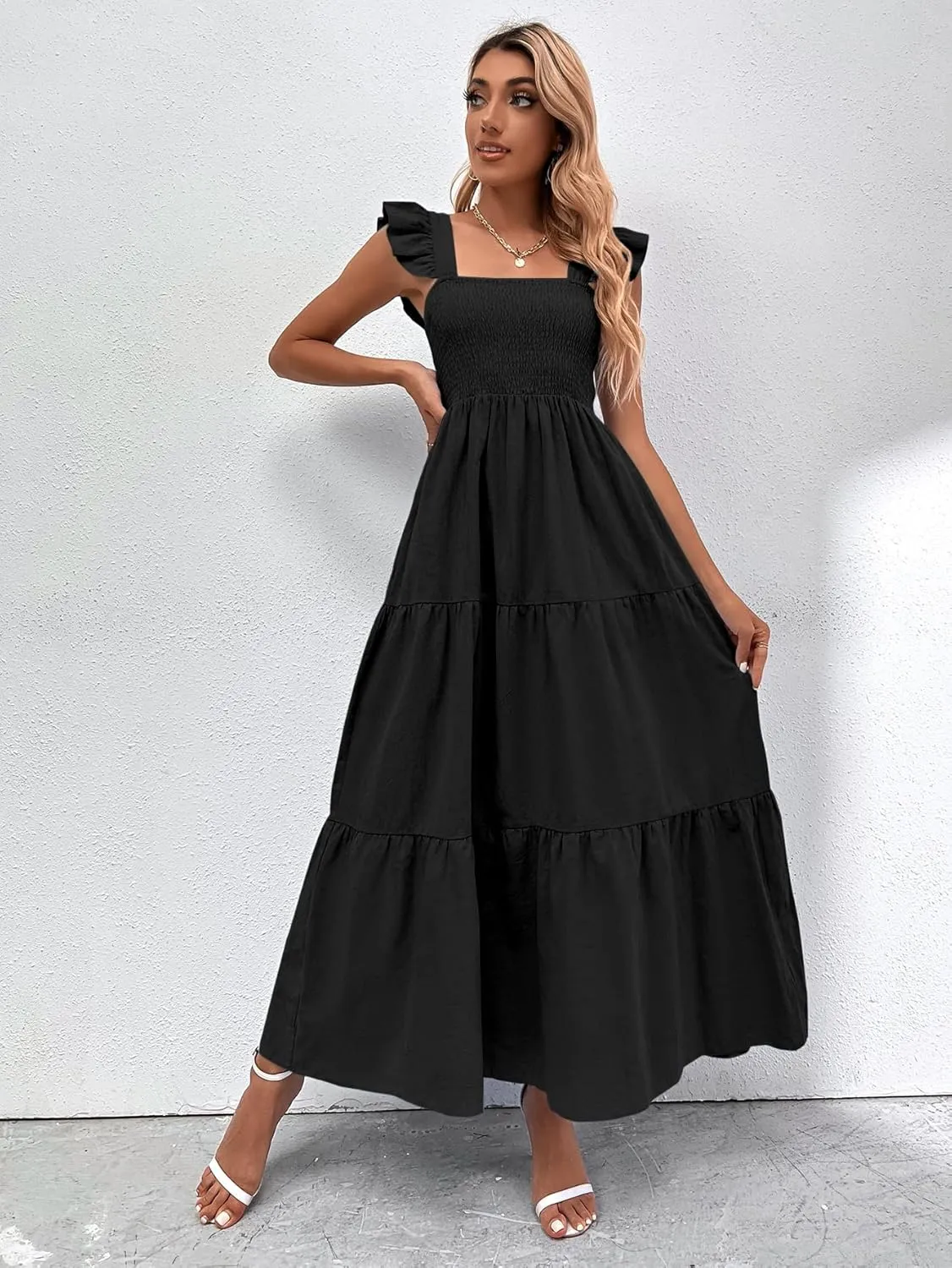 MakeMeChic Women's Summer Floral Dresses 2025 Beach Vacation Casual Blue and White Long Maxi Sundresses