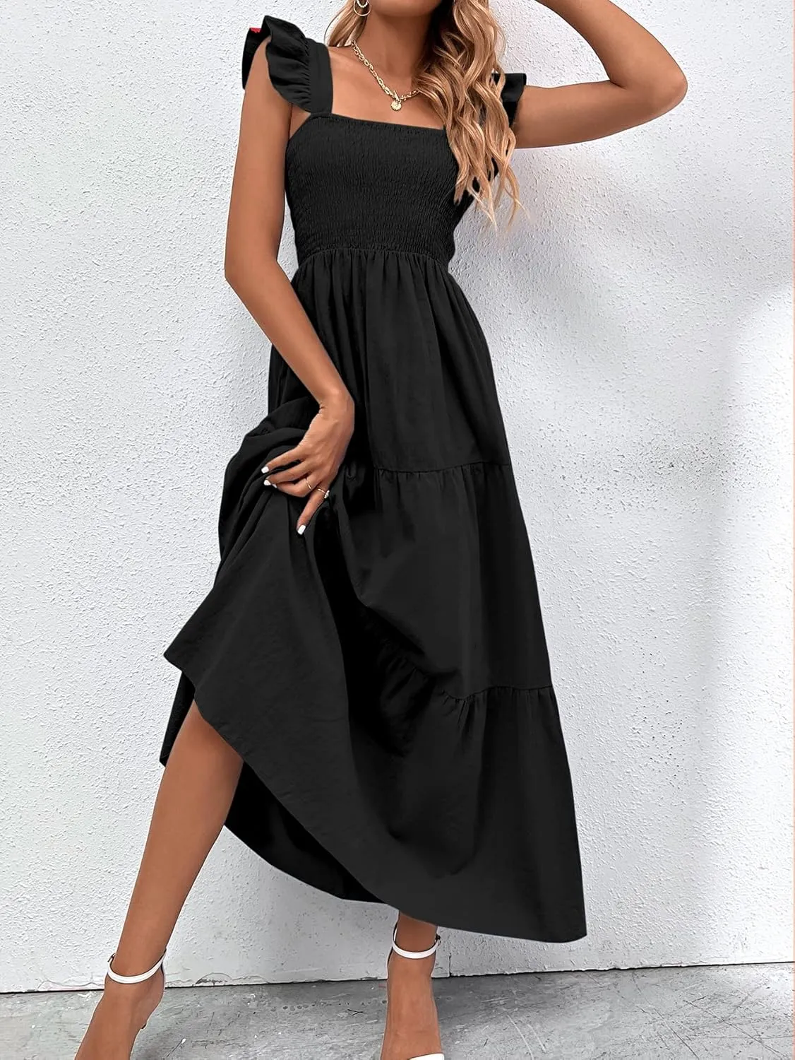 MakeMeChic Women's Summer Floral Dresses 2025 Beach Vacation Casual Blue and White Long Maxi Sundresses