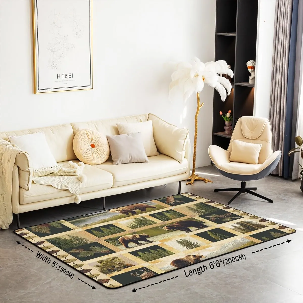 Manfei Wild Bear Area Rug 5x6'6'',Rustic Lodge Cabin Jungle Pine Trees Kids Adults Rugs for Bedroom Playroom Bedside,Wild Animal Retro Brown Plaids Patchwork Indoor Rug for Home Decor