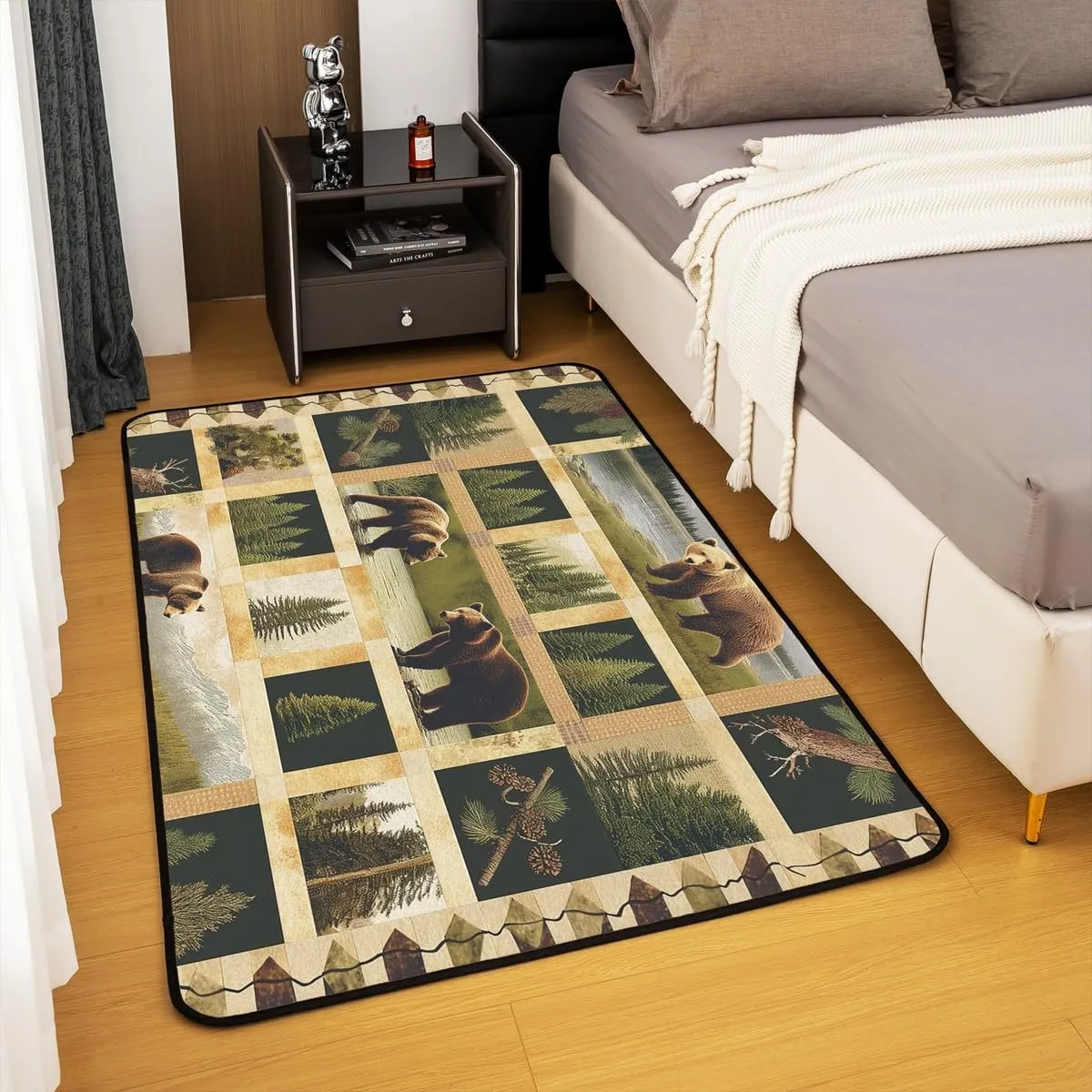 Manfei Wild Bear Area Rug 5x6'6'',Rustic Lodge Cabin Jungle Pine Trees Kids Adults Rugs for Bedroom Playroom Bedside,Wild Animal Retro Brown Plaids Patchwork Indoor Rug for Home Decor