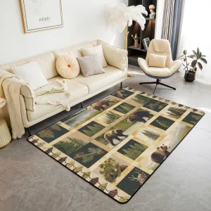 Manfei Wild Bear Area Rug 5x6'6'',Rustic Lodge Cabin Jungle Pine Trees Kids Adults Rugs for Bedroom Playroom Bedside,Wild Animal Retro Brown Plaids Patchwork Indoor Rug for Home Decor