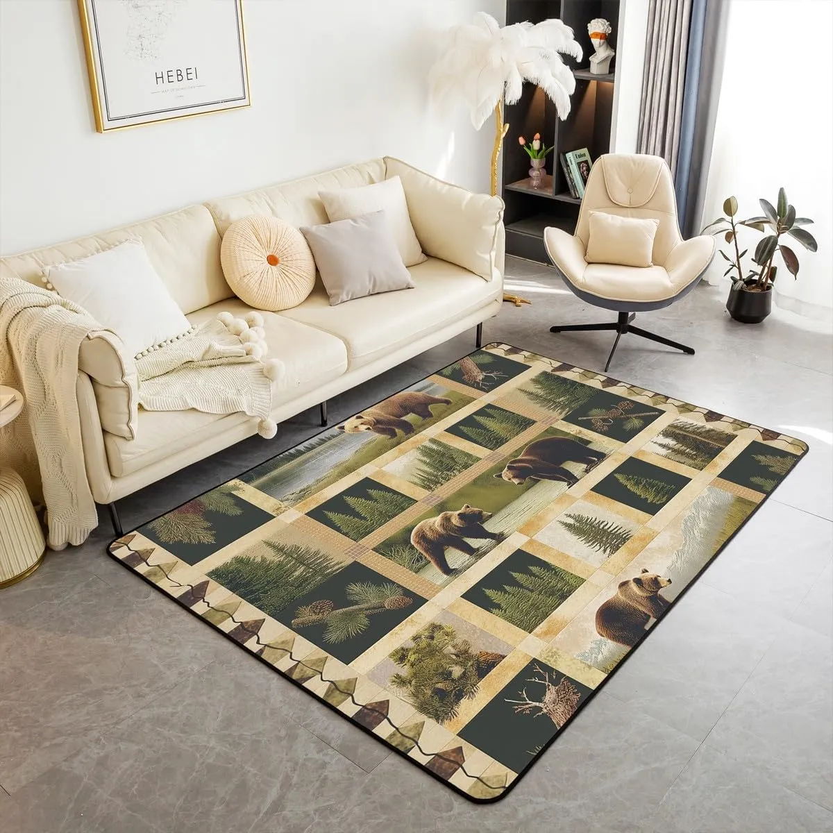 Manfei Wild Bear Area Rug 5x6'6'',Rustic Lodge Cabin Jungle Pine Trees Kids Adults Rugs for Bedroom Playroom Bedside,Wild Animal Retro Brown Plaids Patchwork Indoor Rug for Home Decor