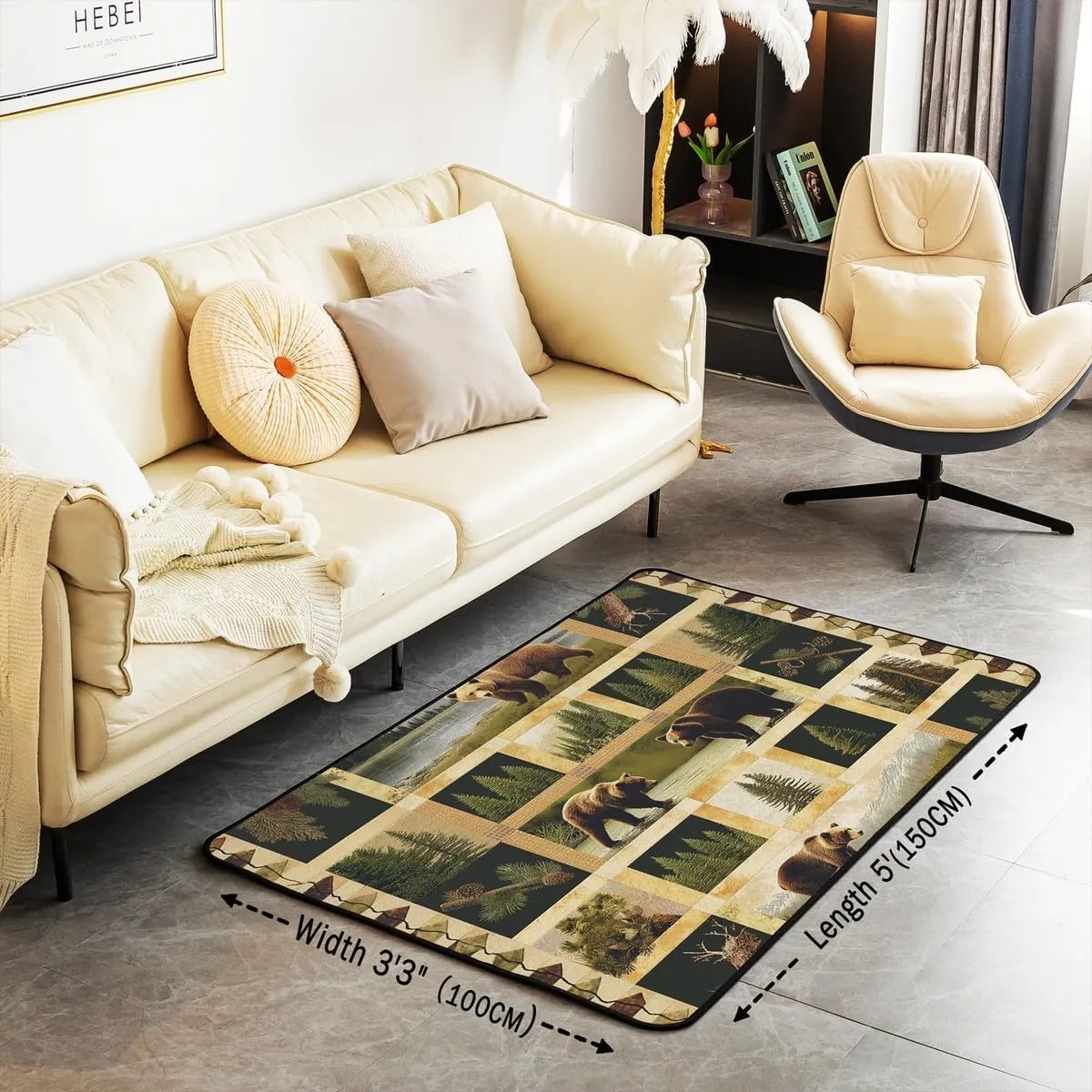 Manfei Wild Bear Area Rug 5x6'6'',Rustic Lodge Cabin Jungle Pine Trees Kids Adults Rugs for Bedroom Playroom Bedside,Wild Animal Retro Brown Plaids Patchwork Indoor Rug for Home Decor