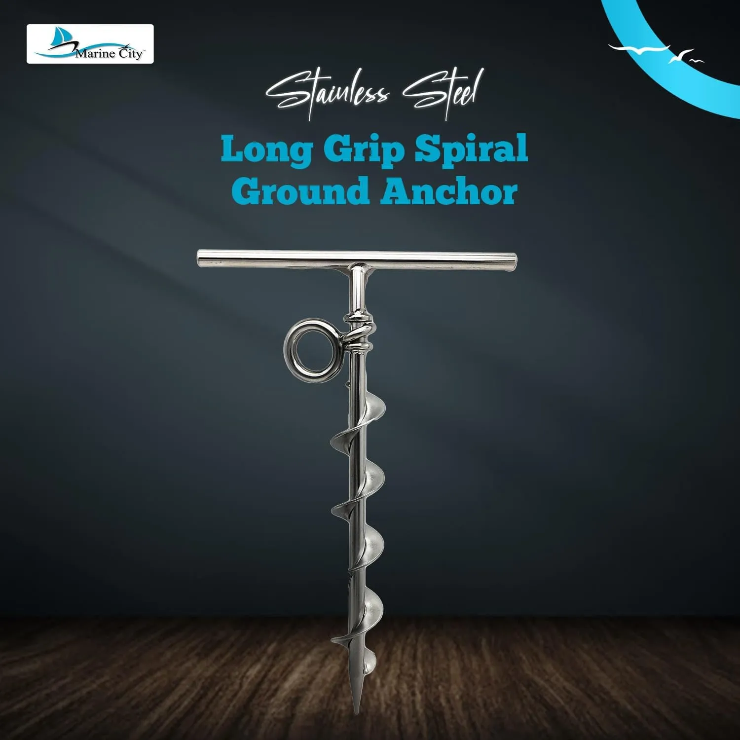 Marine City Stainless Steel Marine Grade Long Grip Spiral Ground Anchor with a O-Ring for Boat Mooring on The Beach, Camping Tent, Screw Dog Tie-Out Stake Backyard (1pcs)