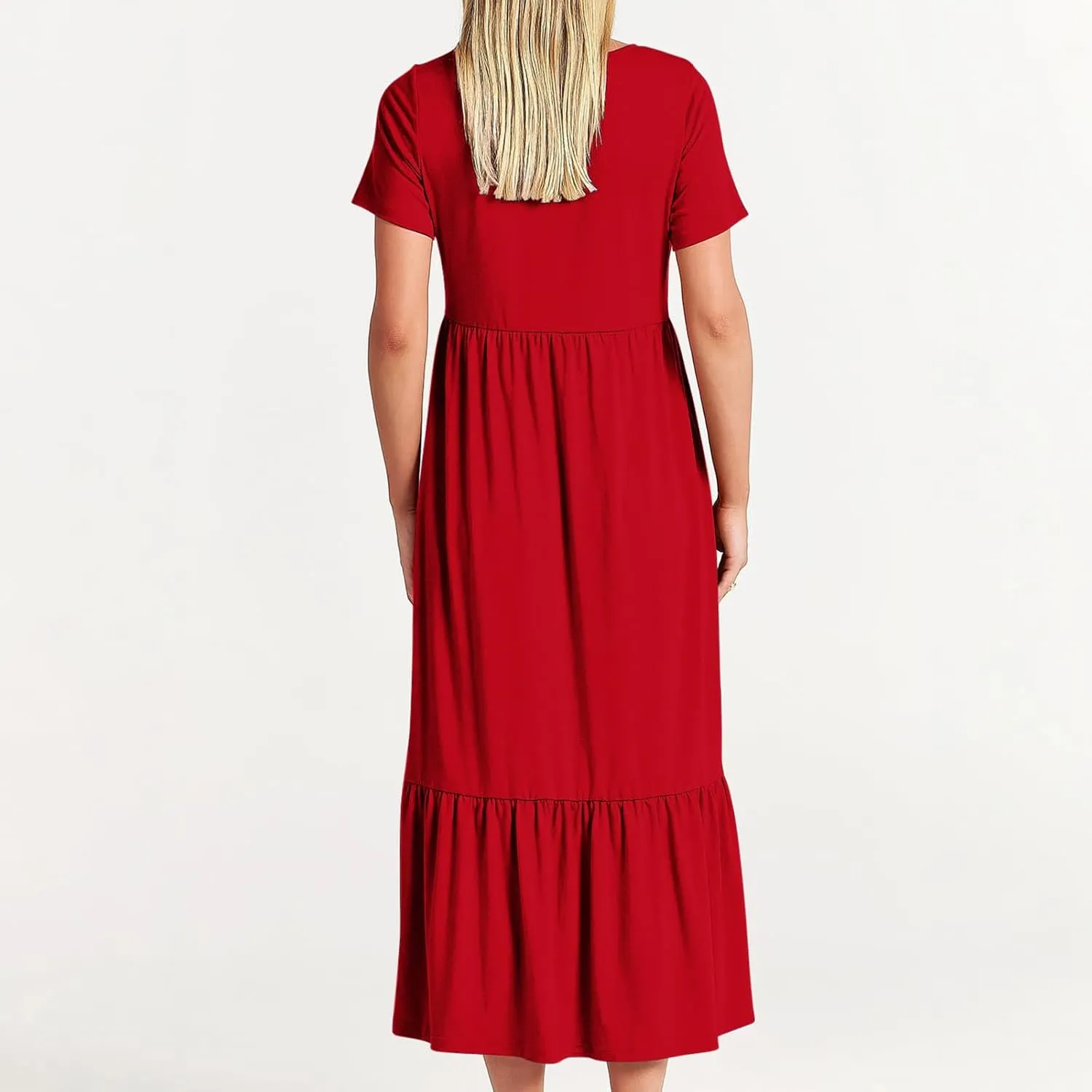 Maxi Dresses for Women 2024 Casual Short Sleeve Solid Ruffle Long Dress Summer Beach Tiered Pleated Party Sundress