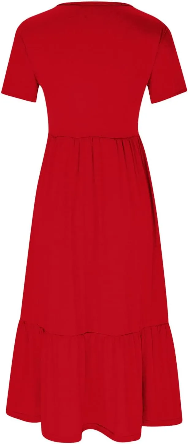 Maxi Dresses for Women 2024 Casual Short Sleeve Solid Ruffle Long Dress Summer Beach Tiered Pleated Party Sundress