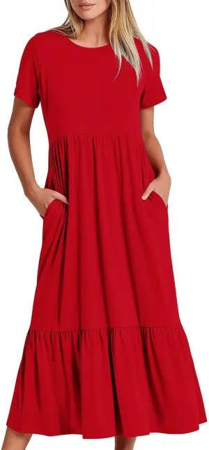 Maxi Dresses for Women 2024 Casual Short Sleeve Solid Ruffle Long Dress Summer Beach Tiered Pleated Party Sundress