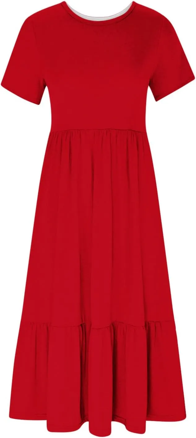 Maxi Dresses for Women 2024 Casual Short Sleeve Solid Ruffle Long Dress Summer Beach Tiered Pleated Party Sundress