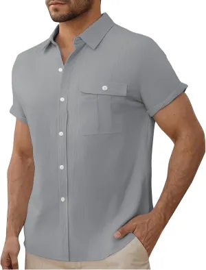 Men Cotton Linen Guayabera Shirts Casual Short Sleeve Button Down Work Shirt Solid Color Business Office Dress Tops