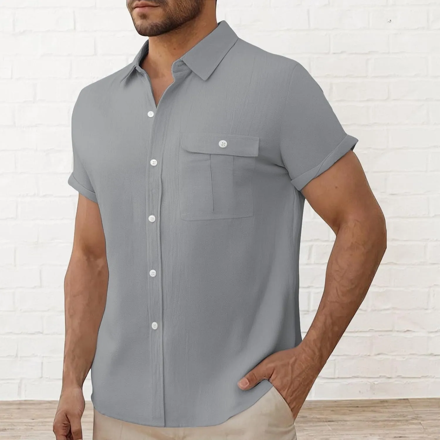 Men Cotton Linen Guayabera Shirts Casual Short Sleeve Button Down Work Shirt Solid Color Business Office Dress Tops