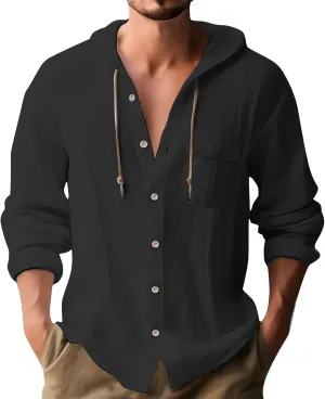 Men Cotton Linen Hippie Shirts with Hood Summer Button Long Sleeve Tops Loose Fit Breathable Boho Beach Yoga Shirt
