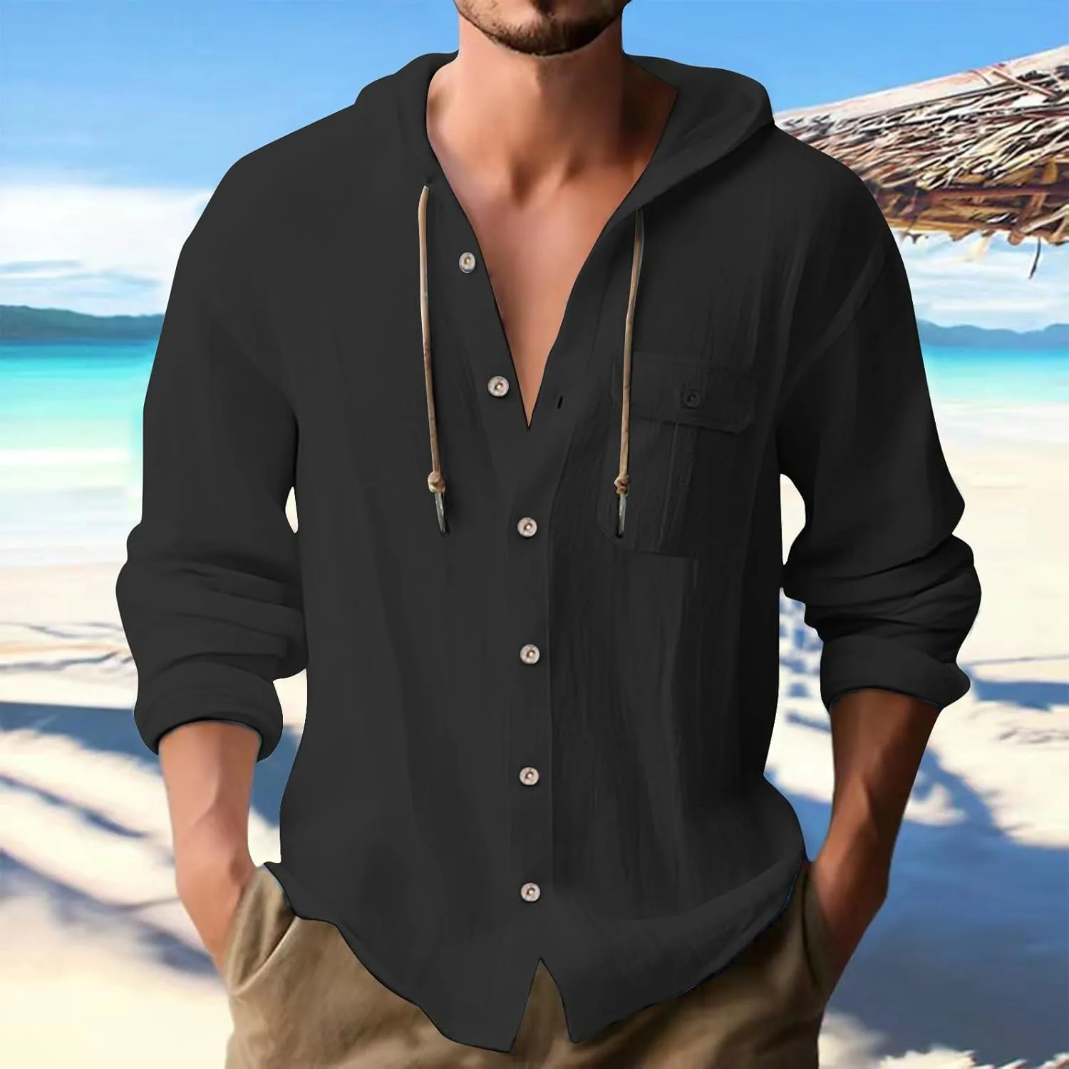 Men Cotton Linen Hippie Shirts with Hood Summer Button Long Sleeve Tops Loose Fit Breathable Boho Beach Yoga Shirt