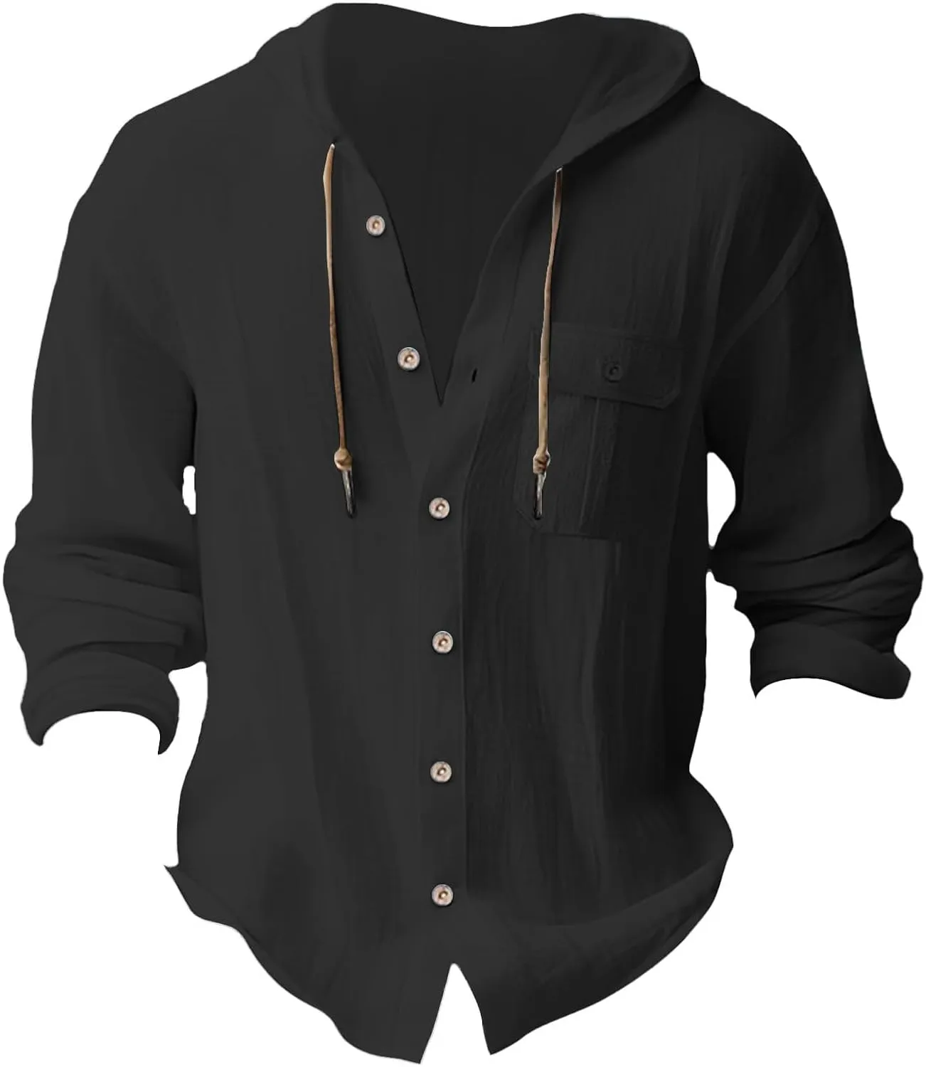 Men Cotton Linen Hippie Shirts with Hood Summer Button Long Sleeve Tops Loose Fit Breathable Boho Beach Yoga Shirt