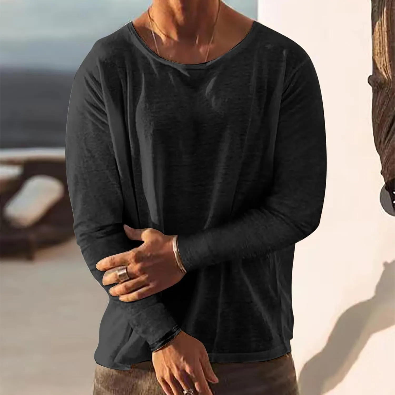 Men Long Sleeve Cotton Linen Tee Shirts Loose Crew Neck Solid Color Pullover Casual Fashion Comfort T-Shirts
