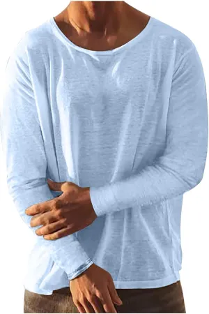 Men Long Sleeve Cotton Linen Tee Shirts Loose Crew Neck Solid Color Pullover Casual Fashion Comfort T-Shirts