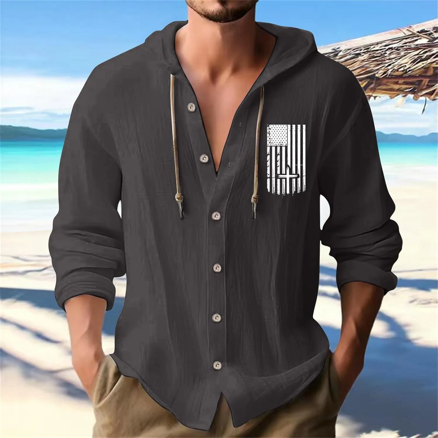 Mens 4th of July Linen Hoodie Shirts Long Sleeve Button Down Shirt American Flag Pullover Summer Hawaiian Beach Tops