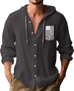 Mens 4th of July Linen Hoodie Shirts Long Sleeve Button Down Shirt American Flag Pullover Summer Hawaiian Beach Tops