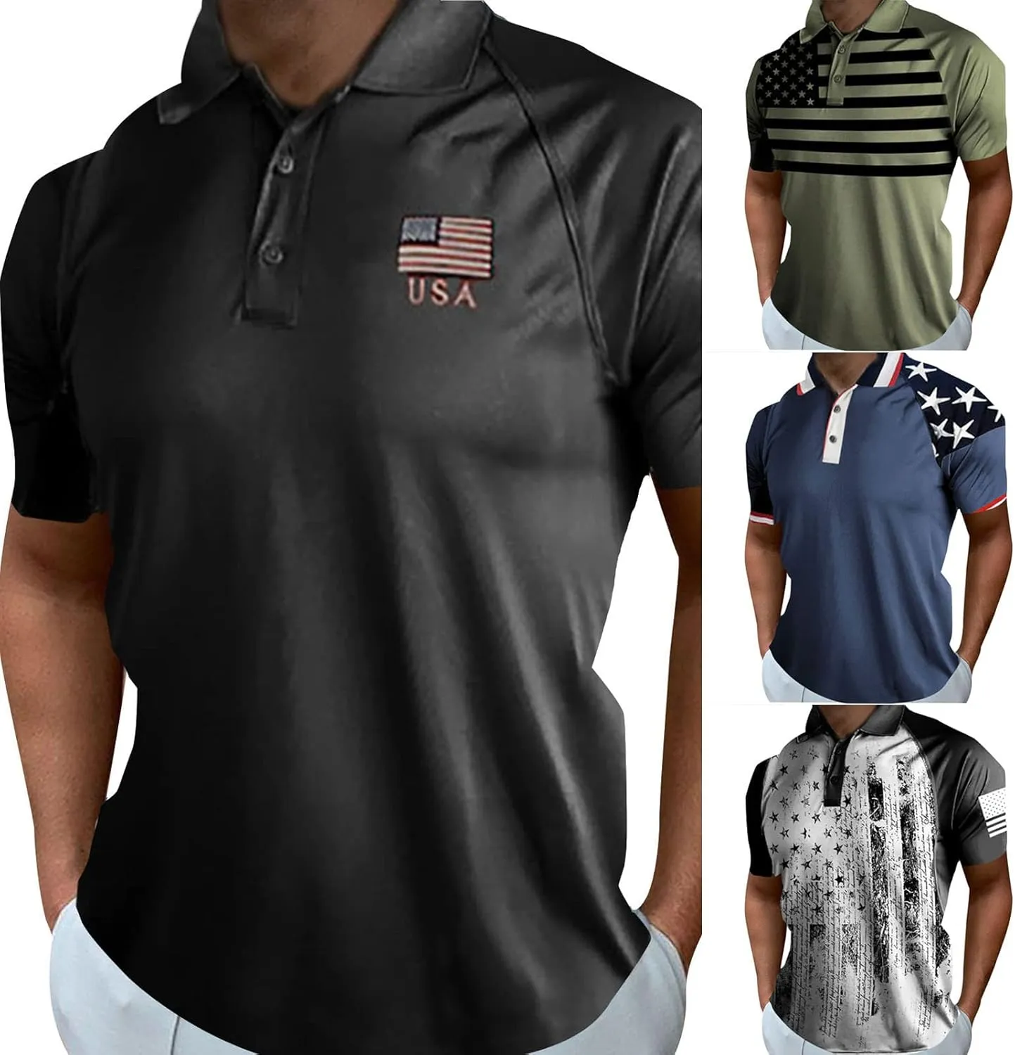 Mens 4th of July Polo Shirts American Flag Patriotic Performance Golf Shirt Short Sleeve Raglan Button Down T-Shirts