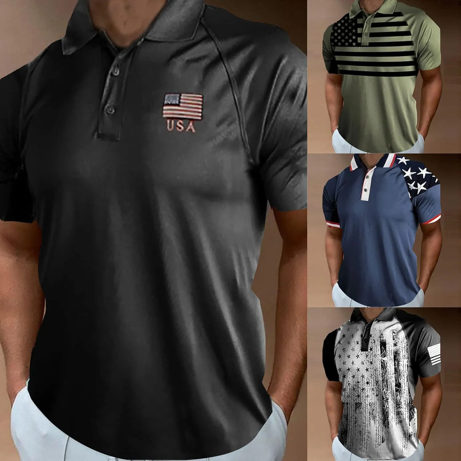 Mens 4th of July Polo Shirts American Flag Patriotic Performance Golf Shirt Short Sleeve Raglan Button Down T-Shirts