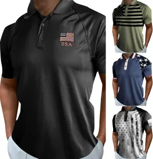 Mens 4th of July Polo Shirts American Flag Patriotic Performance Golf Shirt Short Sleeve Raglan Button Down T-Shirts