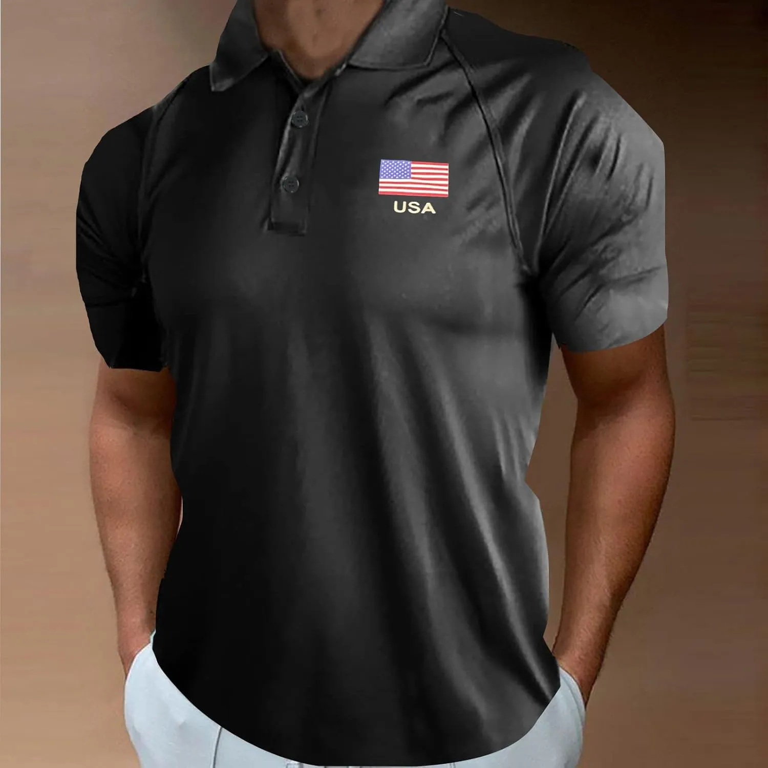 Mens 4th of July Polo Shirts American Flag Patriotic Performance Golf Shirt Short Sleeve Raglan Button Down T-Shirts