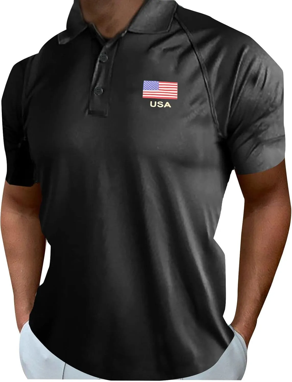 Mens 4th of July Polo Shirts American Flag Patriotic Performance Golf Shirt Short Sleeve Raglan Button Down T-Shirts