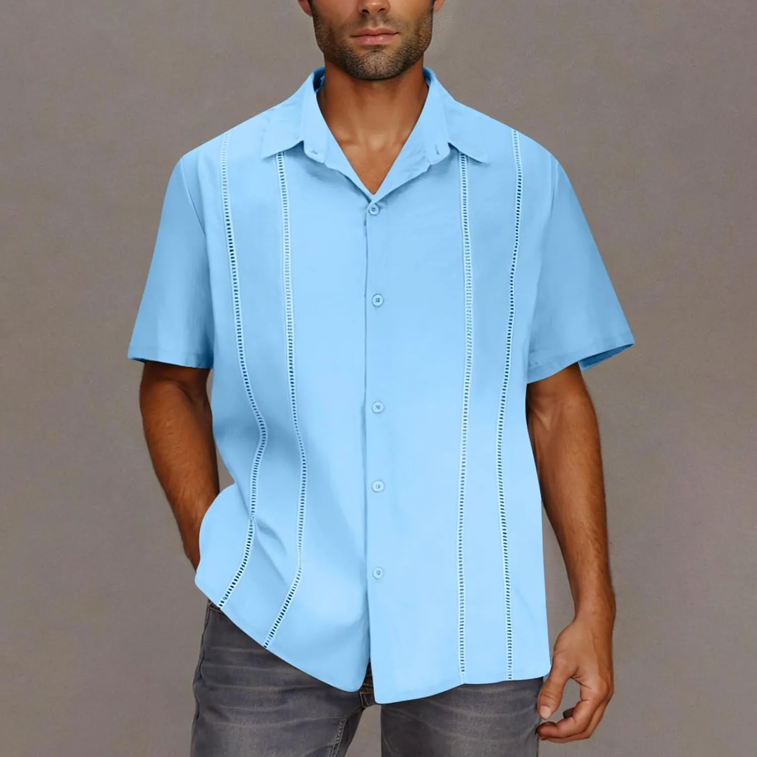 Men's Beach Hippie T-Shirts Summer Fashion Solid Color Lapel Short Sleeve Tops Plus Size Loose Fit Vacation Blouse