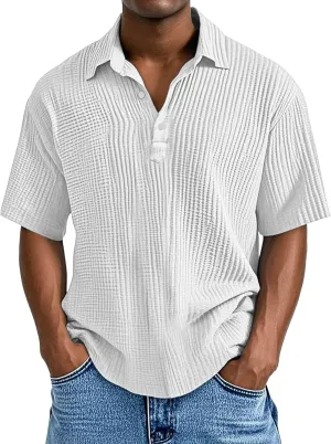 Men's Button Polo Shirt Textured Casual Knit Short Sleeve Polo T Shirt Summer Beach Holiday Stretchy Golf Shirts