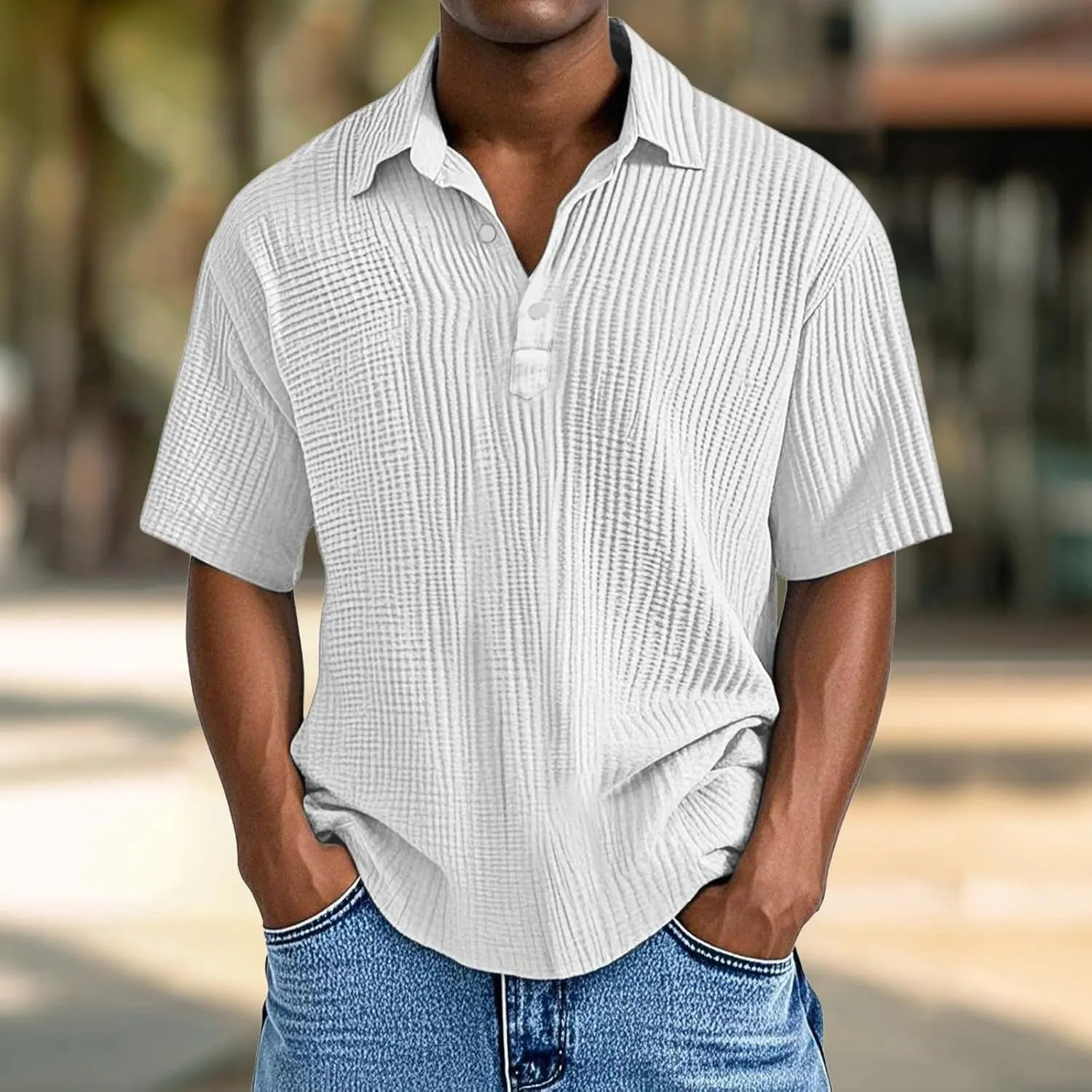 Men's Button Polo Shirt Textured Casual Knit Short Sleeve Polo T Shirt Summer Beach Holiday Stretchy Golf Shirts