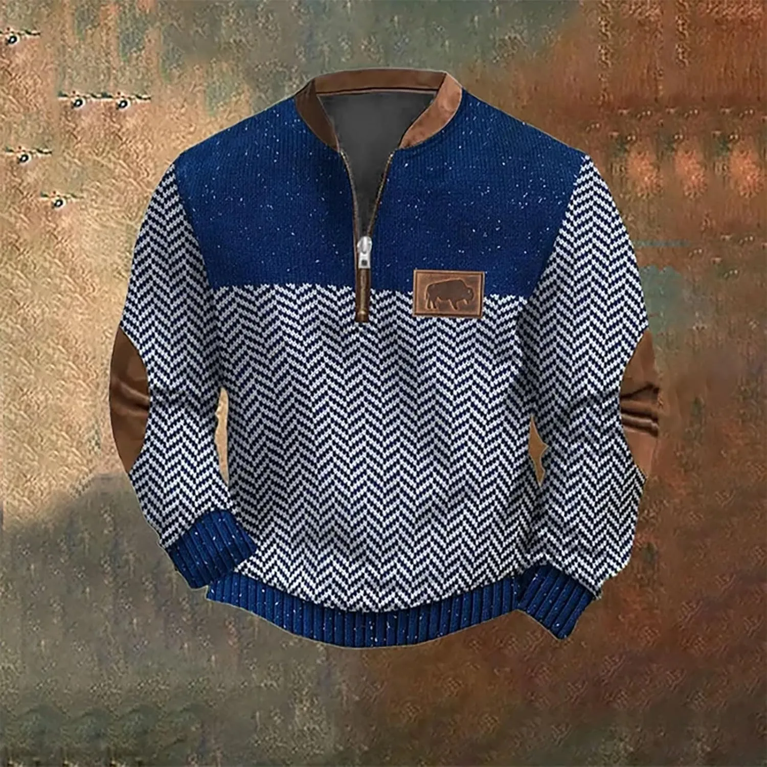 Men's Casual Quarter-Zip Sweaters Outdoor Long Sleeve Slim Fit Designer Retro Knit Pattern Pullover Sweatshirts
