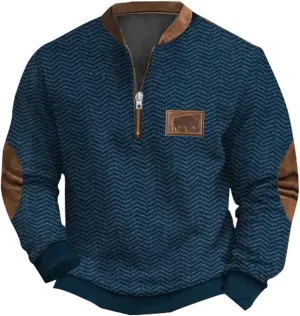 Men's Casual Quarter-Zip Sweaters Outdoor Long Sleeve Slim Fit Designer Retro Knit Pattern Pullover Sweatshirts