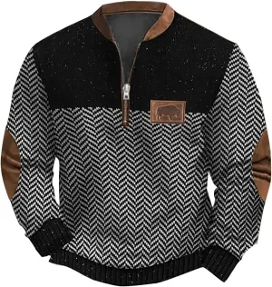 Men's Casual Quarter-Zip Sweaters Outdoor Long Sleeve Slim Fit Designer Retro Knit Pattern Pullover Sweatshirts