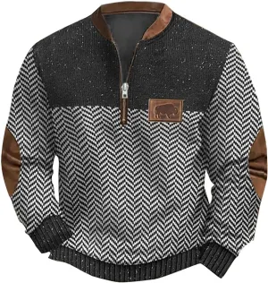 Men's Casual Quarter-Zip Sweaters Outdoor Long Sleeve Slim Fit Designer Retro Knit Pattern Pullover Sweatshirts