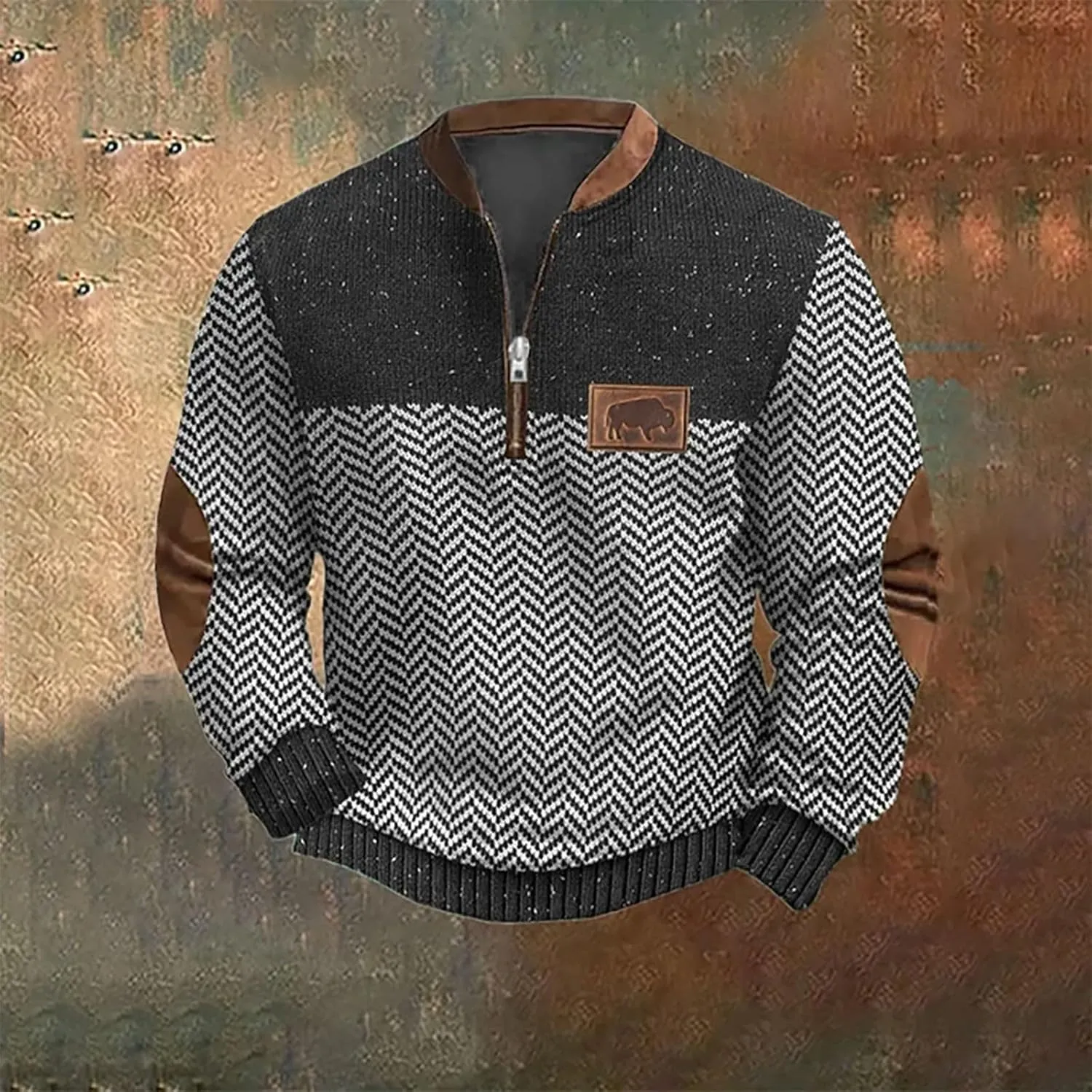 Men's Casual Quarter-Zip Sweaters Outdoor Long Sleeve Slim Fit Designer Retro Knit Pattern Pullover Sweatshirts